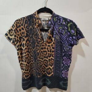 Y2K Neiman Marcus 100% Cashmere Sweater Animal Print Mixed Pattern Short Sleeve